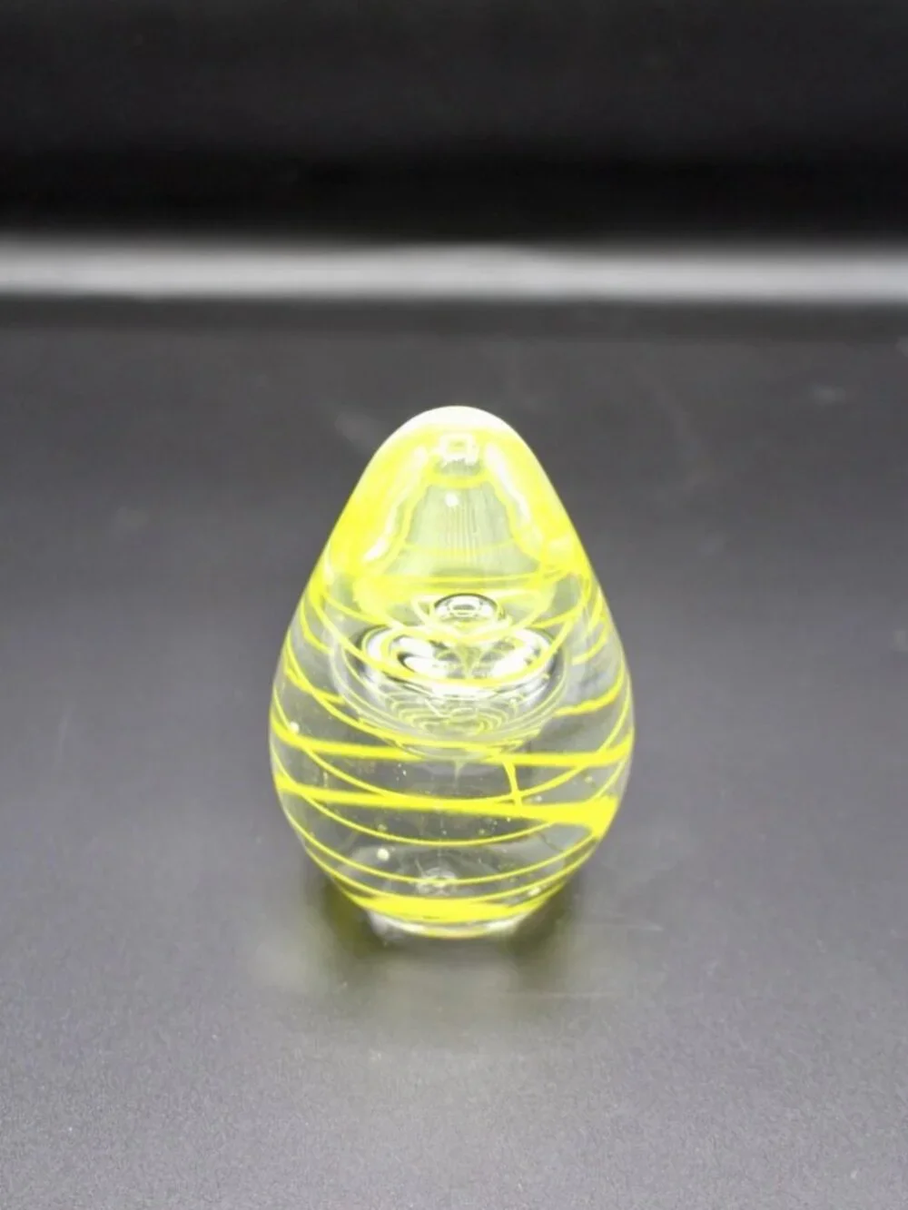 Egg-Shaped Art Glass Paperweight with Yellow Swirl